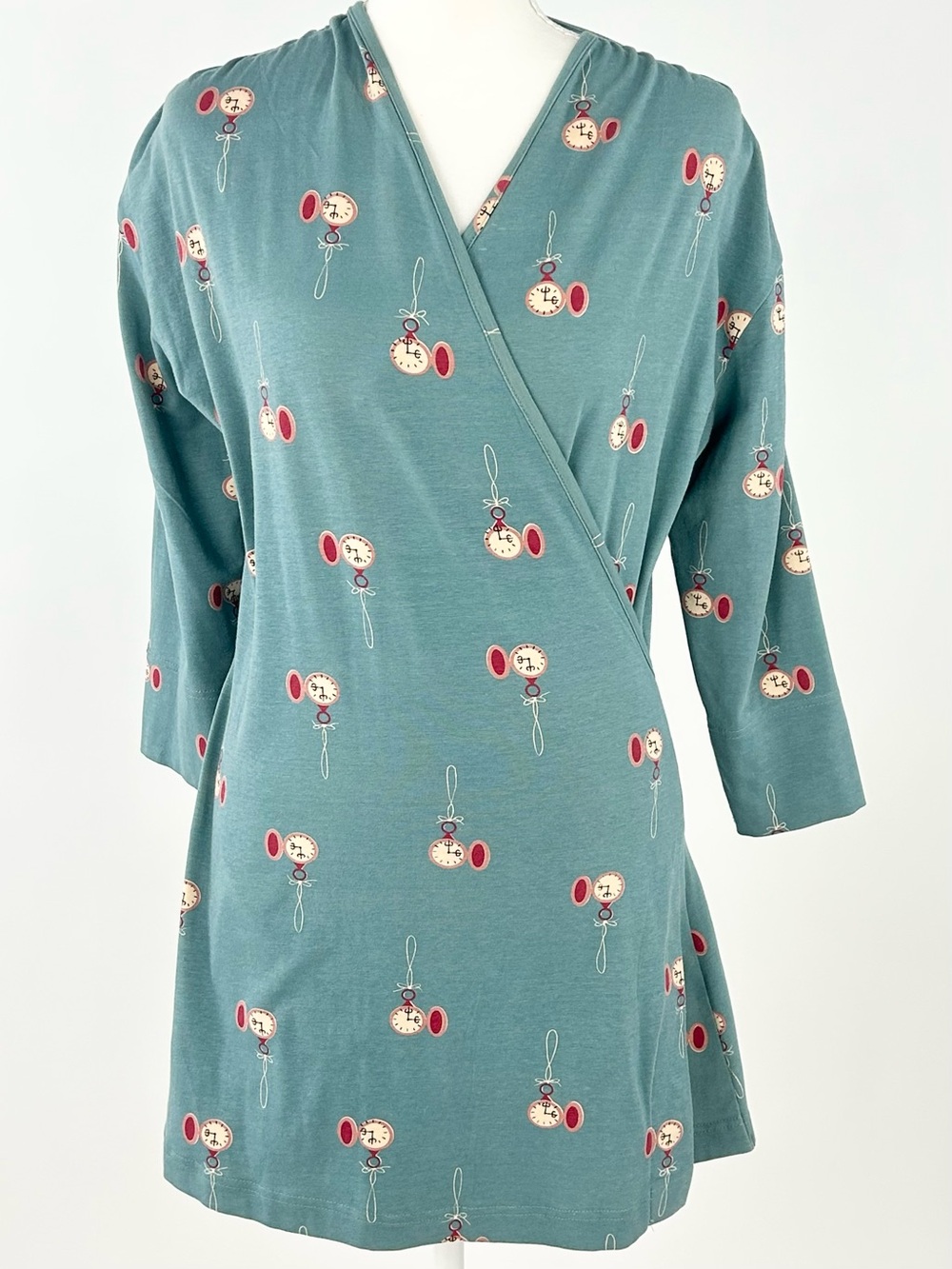 Effie’s Heart Pocket Watch Print Tunic Mini Dress M Teal Retro Cotton Stretch